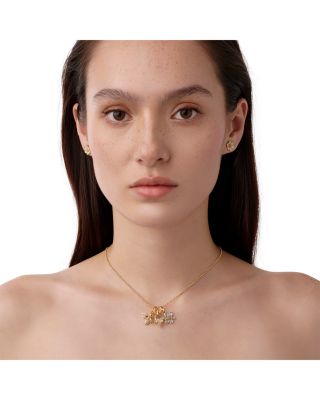 18K Yellow Gold FJ Crystal, Moonstone & Diamond Bee, Flower, & Amulet Triple Charm Pendant Necklace, 16-18"