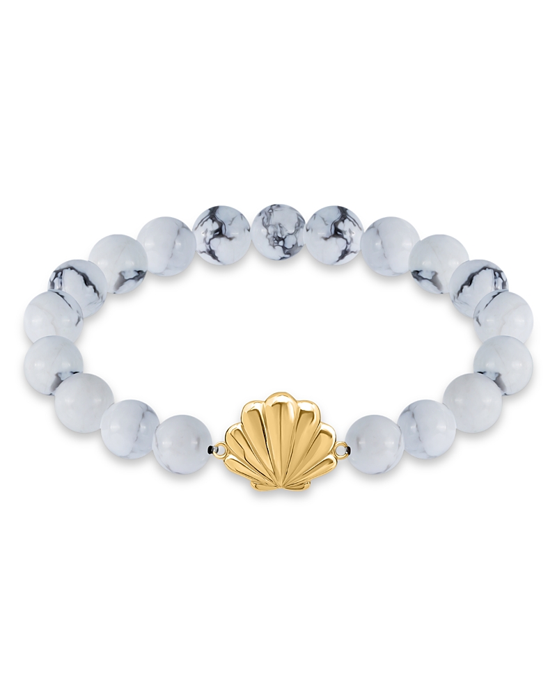 Aqua Clam Shell Charm Gemstone Beaded Stretch Bracelet In 18k Gold Plated Sterling Silver - Exclusive
