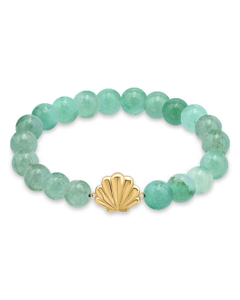 AQUA CLAM SHELL CHARM GEMSTONE BEADED STRETCH BRACELET IN 18K GOLD PLATED STERLING SILVER - EXCLUSIVE
