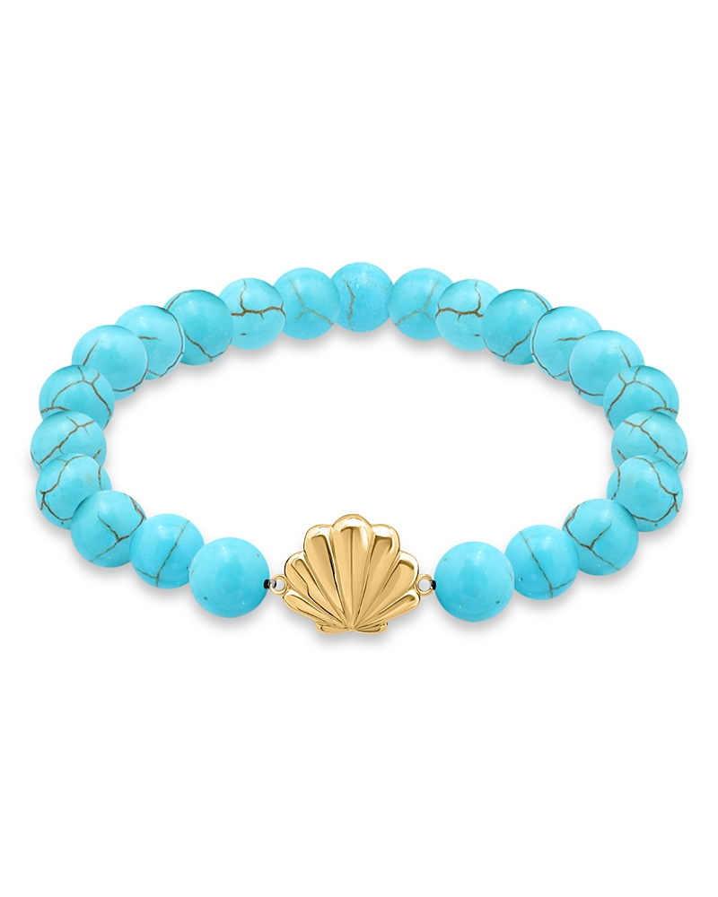 Aqua Clam Shell Charm Gemstone Beaded Stretch Bracelet in 18K Gold Plated Sterling Silver - Exclusive