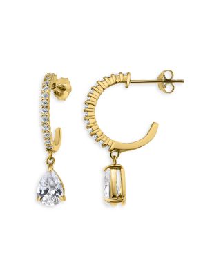 Cubic Zirconia Pear Shape Charm Pav&eacute; Half Hoop Earrings in 18K Gold Plated Sterling Silver - Exclusive