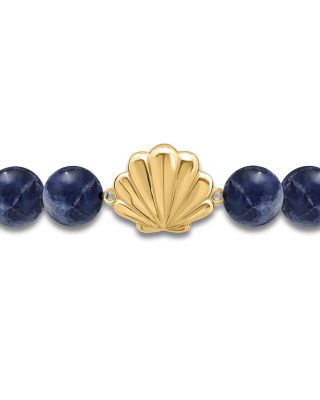 Clam Shell Charm Gemstone Beaded Stretch Bracelet in 18K Gold Plated Sterling Silver - Exclusive