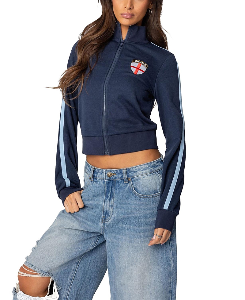 Edikted England Mock Neck Zip Crop Sweatshirt In Navy
