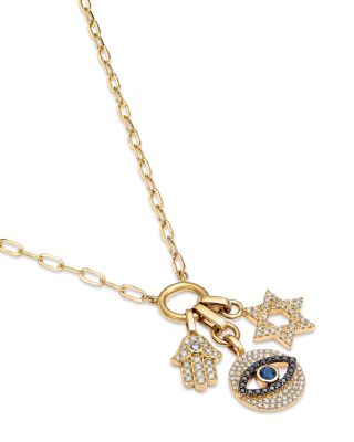 Blue Sapphire & Black & White Diamond Evil Eye, Hamsa, and Star of David Charm Necklace with a Paperclip Chain in 14K Yellow Gold, 18"