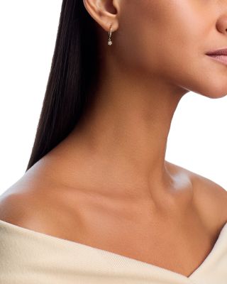 14K Yellow Gold Prong Diamonds Flower Dangle Huggie Hoop Earrings