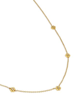 14K Yellow Gold Prong Diamonds Tiny Bead Flower Collar Necklace, 14-16"