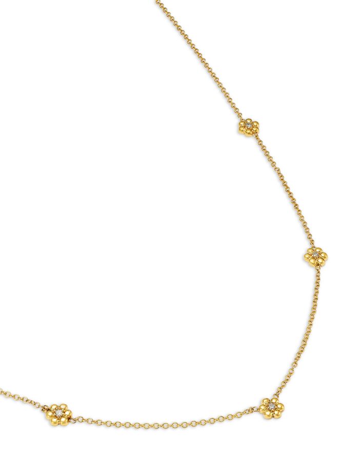 14K Yellow Gold Prong Diamonds Tiny Bead Flower Collar Necklace, 14-16"