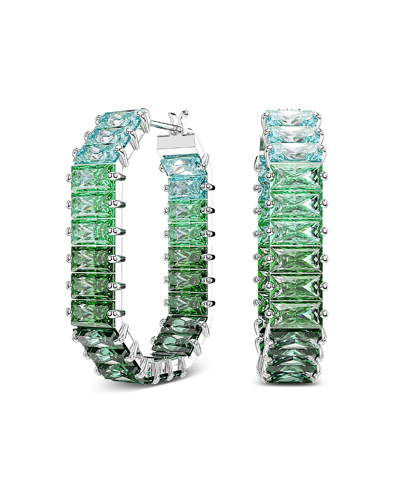 Swarovski Matrix Rhodium Plated Baguette Cut Hoop Earrings In Green