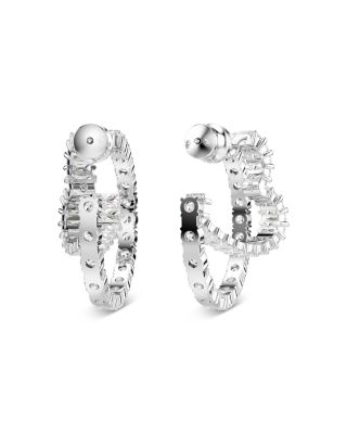 Matrix Crystal Round & Heart Double Row Hoop Earrings in Rhodium Plated