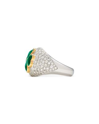 9K Yellow Gold Malachite & Gray Diamond Bague Dome Trefle Clover Ring