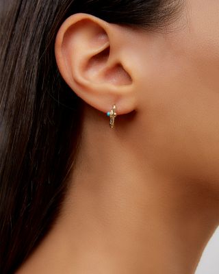 9K Yellow Gold Paire de Creoles Mini Gousset Turquoise & Gray Diamond Square Hoop Earrings 