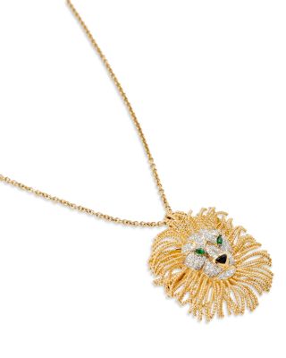 9K Yellow Gold Collier Broche Lion D'ors OJ Tsavorite, Onyx & Gray Diamond Pendant Necklace, 14.96"-16.53" 