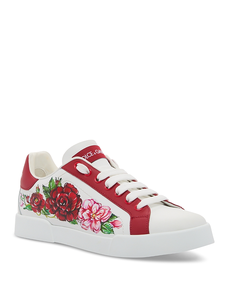 Dolce & Gabbana Portofino Painted Flower Leather Sneakers In Rose/white