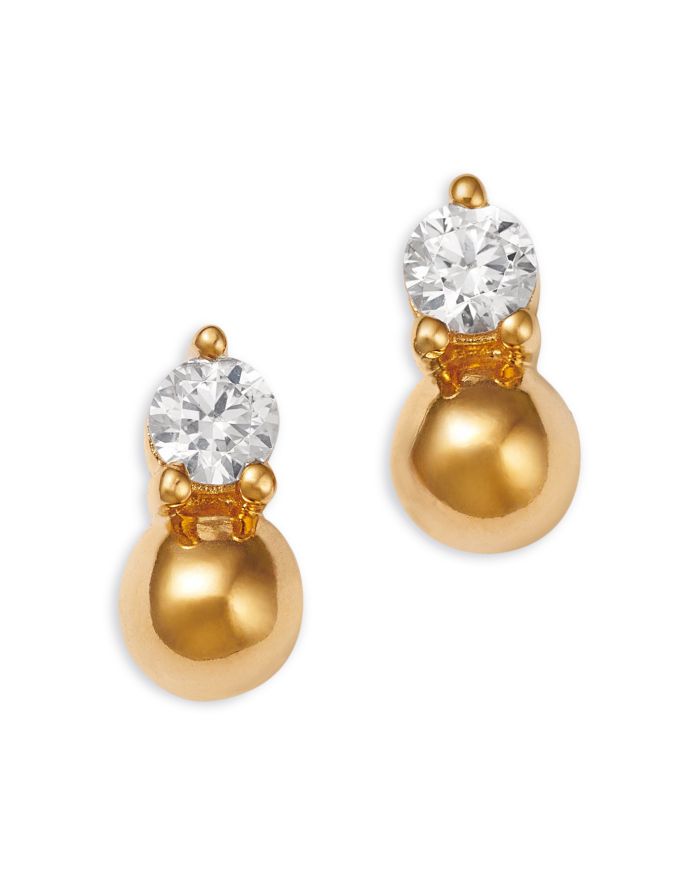 Diamond & Polished Bead Stud Earrings in 14K Yellow Gold, 0.2 tcw