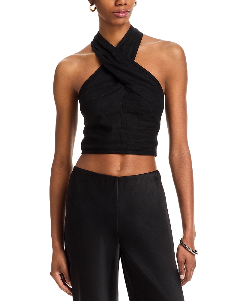 Steve Madden Winnie Twist Neck Crop Linen Blend Top