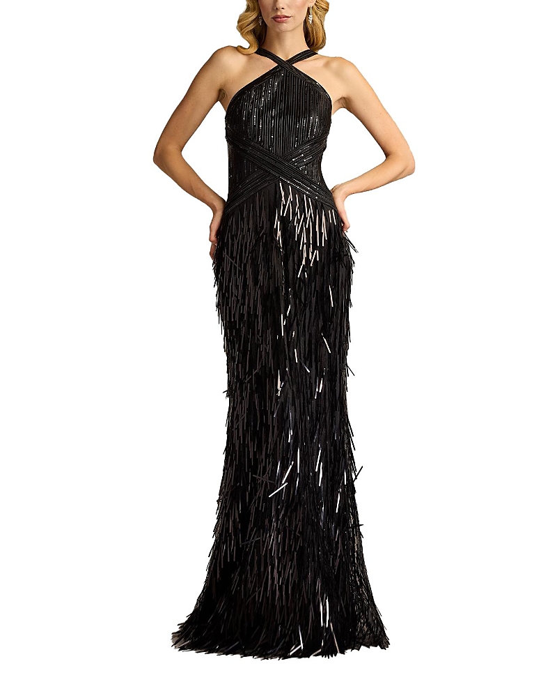 Tadashi Shoji Ares Sequin Fringe Halter Gown In Black