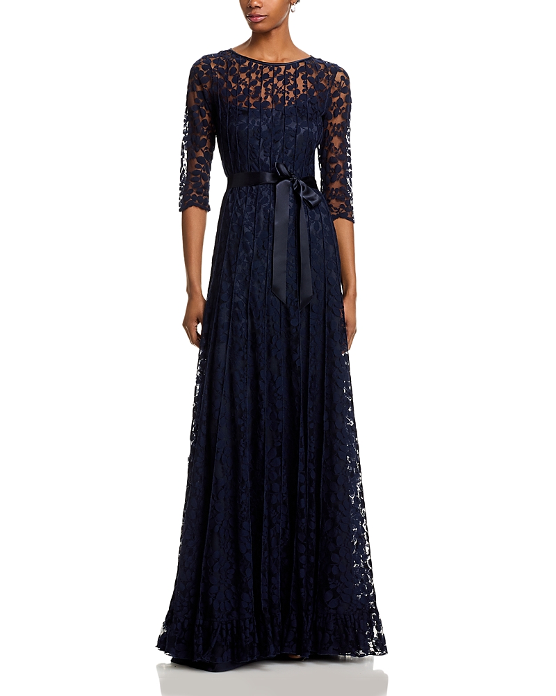 Teri Jon Lace Pintuck Gown In Navy