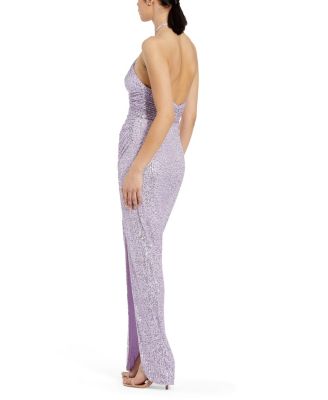  One Shoulder Ruched Side Front Slit Sequin Gown