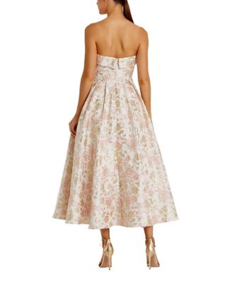 Strapless Floral Brocade A Line Midi Dress