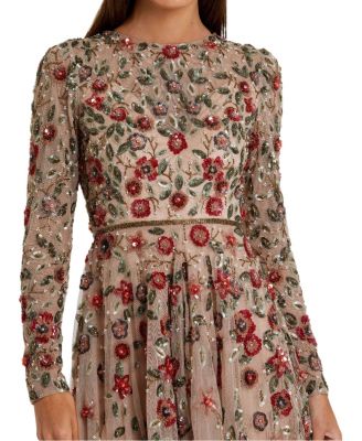  Embellished High Neck Long Sleeve A Line Gown