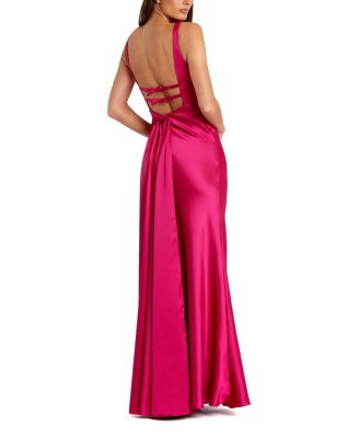  Sleeveless V Neck Satin Gown with Bow Details