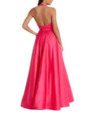  Sleeveless Deep V Satin Gown with Oversized Bow