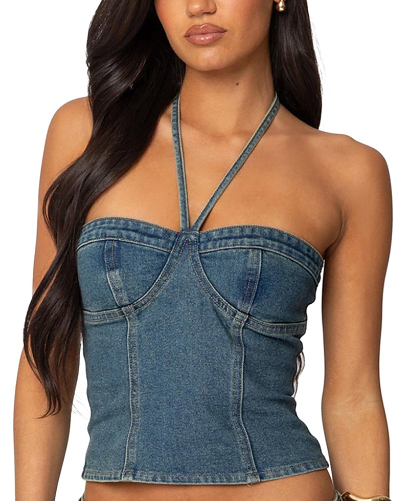 Edikted Jagger Denim Bustier Halter Top In Blue-washed