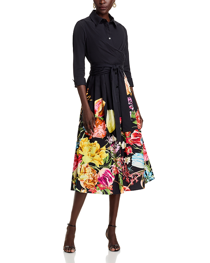 Teri Jon By Rickie Freeman Cotton Shirt Dress In Black Multi