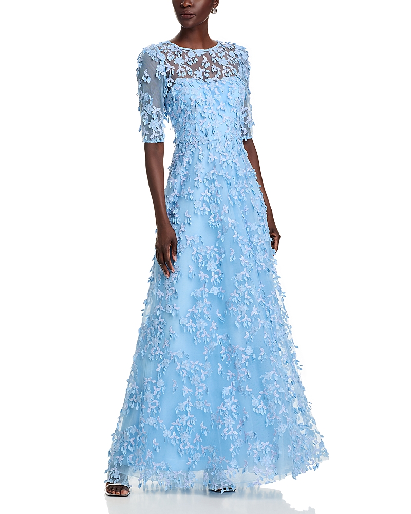 Teri Jon By Rickie Freeman Tulle 3d Petal A Line Gown In Periwinkle Multi