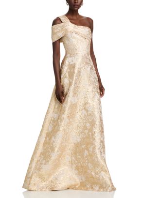 Teri Jon Metallic Jacquard Gown - Ivory/Gold - 2