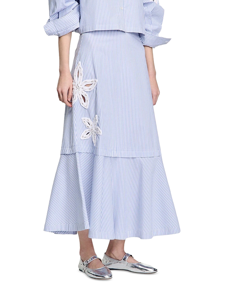 Sandro Cotton-blend Stripe Midi Skirt In Sky Blue