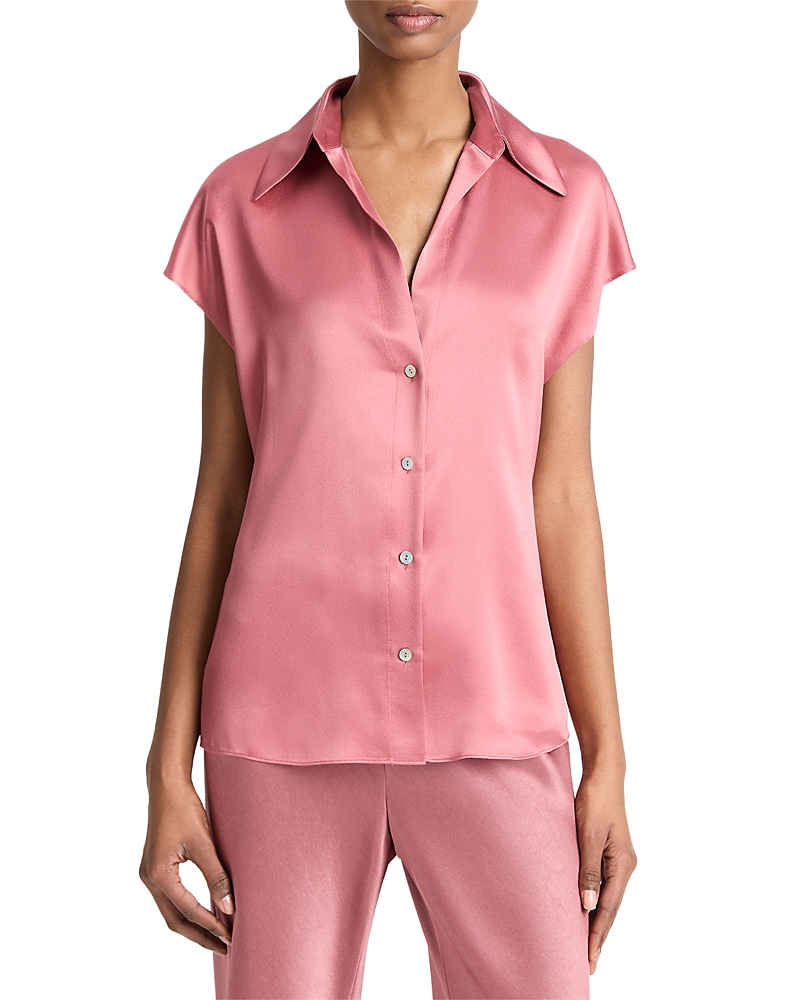 Vince Cap Sleeve Gathered Back Short Sleeve Silk Button-up Shirt