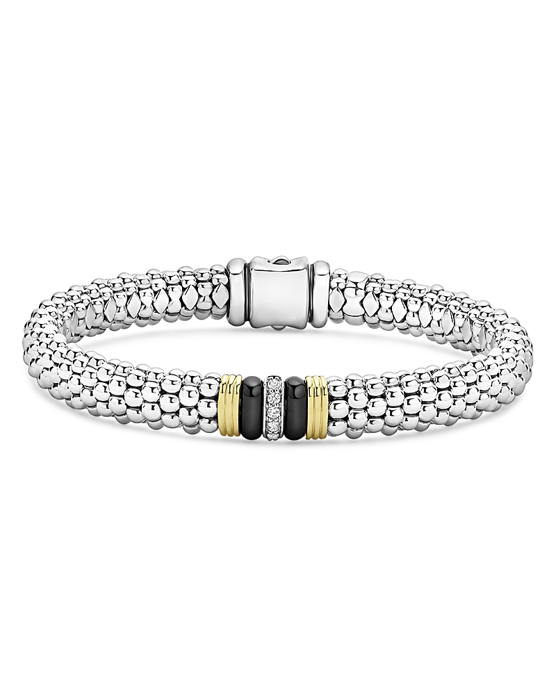Lagos 18k Yellow Gold & Sterling Silver Black Caviar Ceramic & Diamond Bead Link Bracelet In Silver