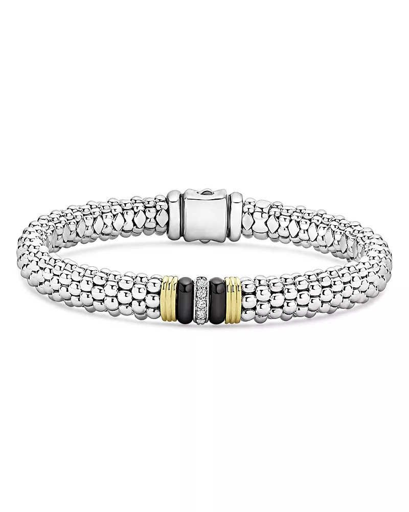 Lagos 18K Yellow Gold & Sterling Silver Black Caviar Ceramic & Diamond Bead Link Bracelet