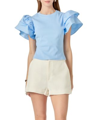 English Factory Women's Mixed Media Ruffled Top