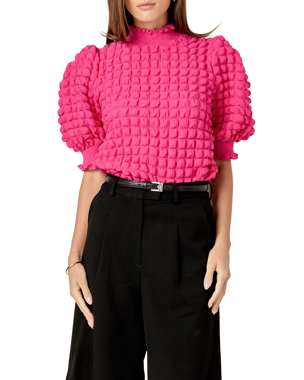 English Factory Women's Textured Mock Neck Short Sleeve Blouse