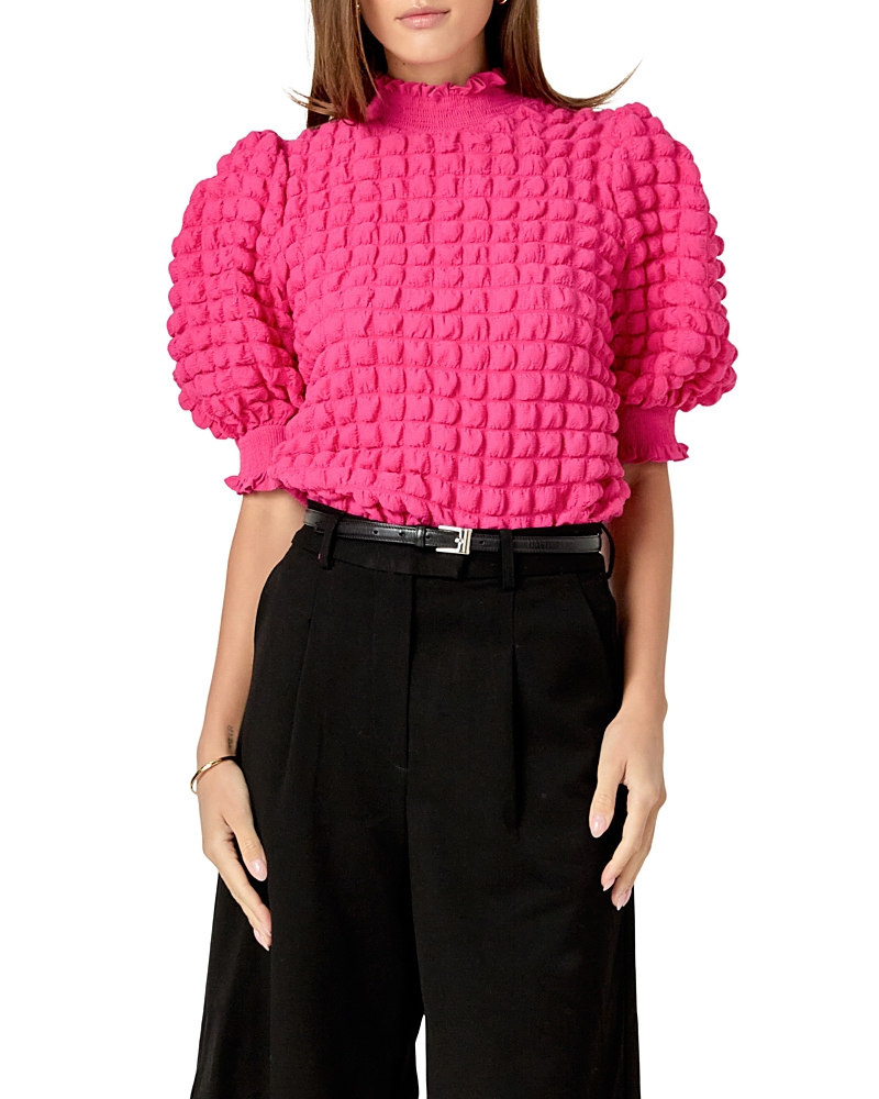 English Factory Women's Textured Mock Neck Short Sleeve Blouse