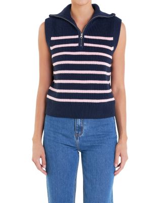 Women's Stripe Half Zip Up Sleeveless Knit Top