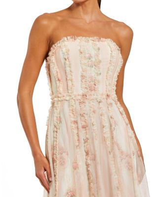Mesh Micro Ruffle Strapless Gown