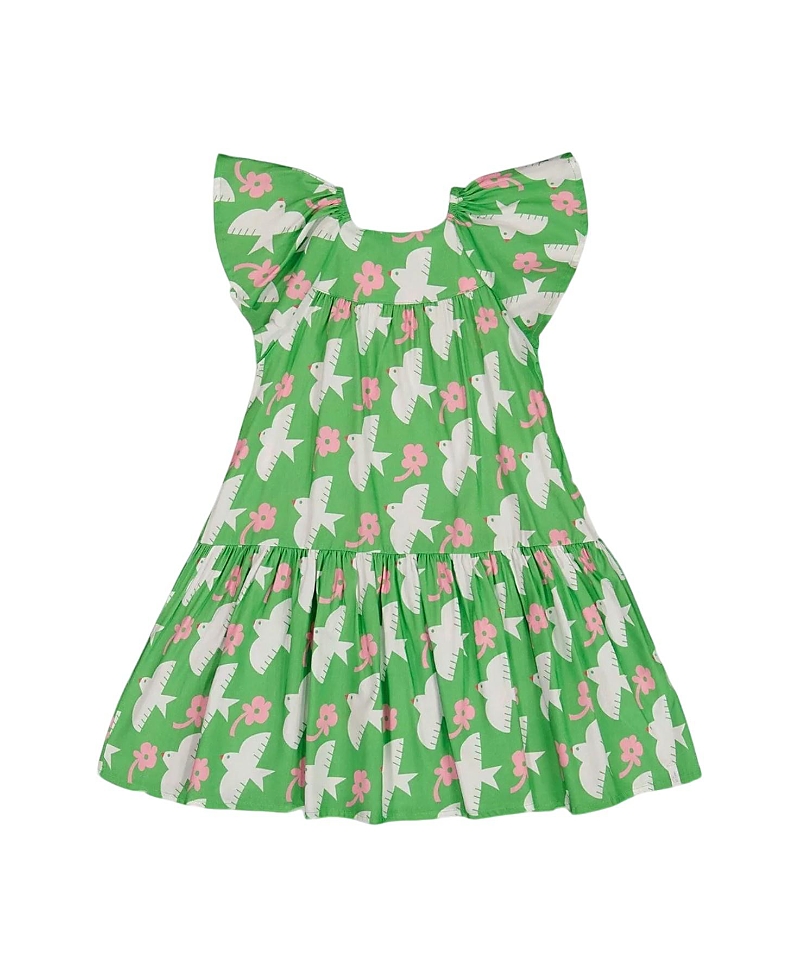 Deux Par Deux Little Girl's Printed Dress With Flounce Sleeves Green With White And Pink Bird In Green With White And Pink Bird
