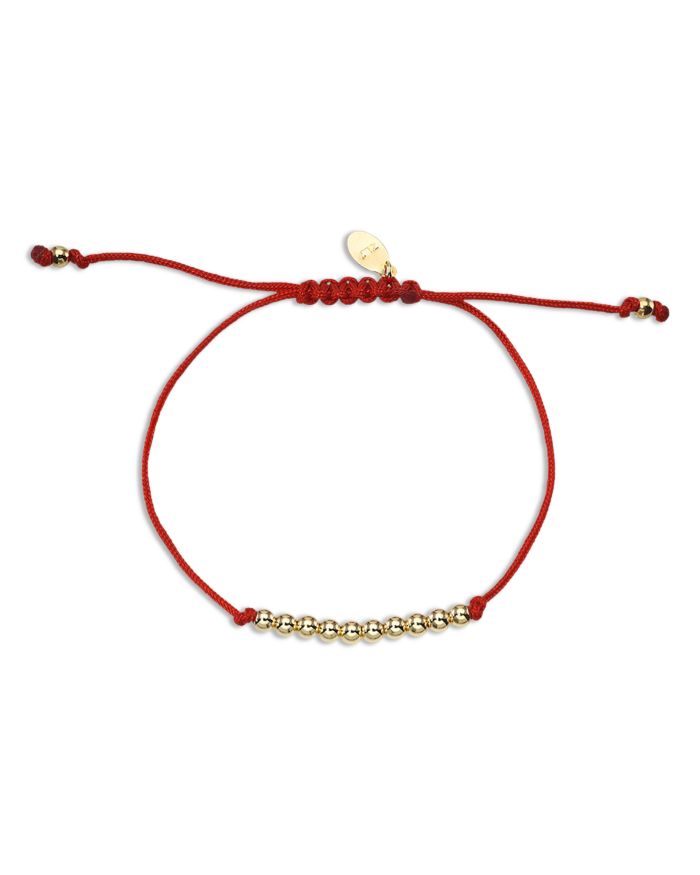 14K Yellow Gold Ball Bead Red Cord Slider Bracelet