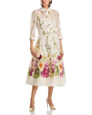 Silk And Linen Flower Border Print Shirt Waist Dress