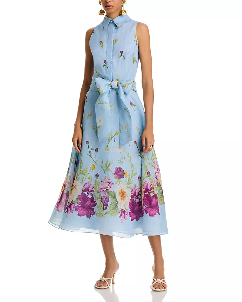 Teri Jon by Rickie Freeman Silk And Linen Shirt Waist Dress