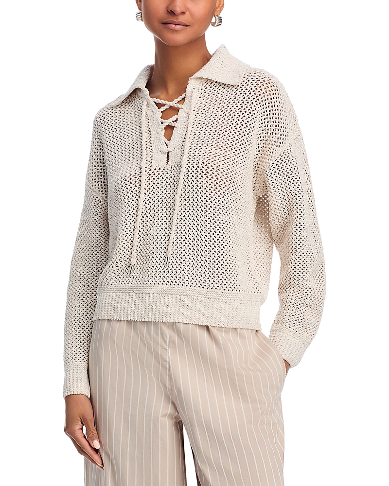 Shop Aqua Sequin Open Stitch Lace Up Sweater - Exclusive