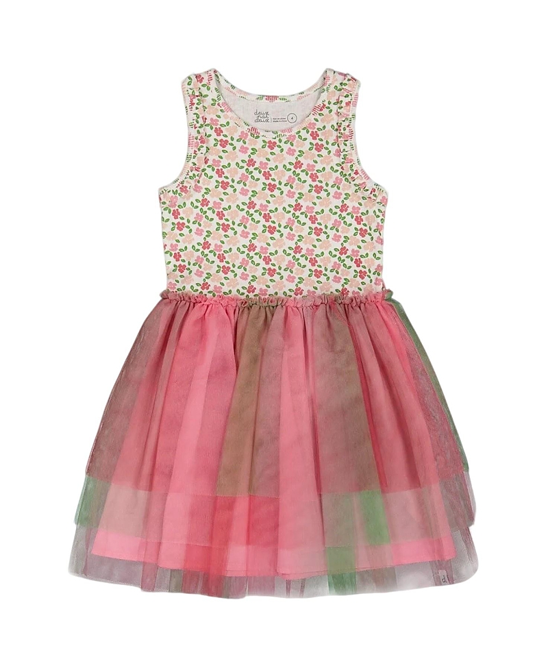 Deux Par Deux Girl's Bi-material Cotton And Mesh Dress Small Flowers And Multicolored Gradient Skirt In Small Flowers And Multicolored