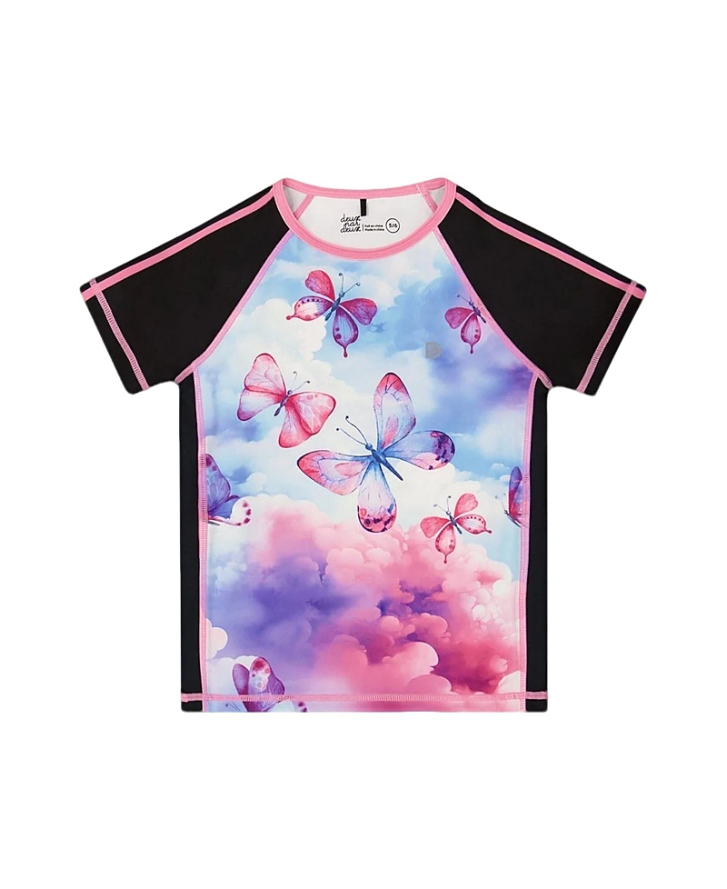 Deux Par Deux Girl's Printed Short Sleeve Athletic Top Pink, Black And Butterfly In Pink/black And Butterfly