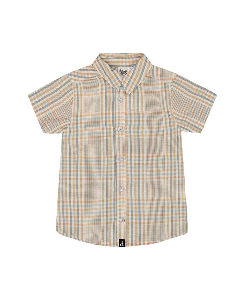 Deux Par Deux Boy's Short Sleeve Button Down Shirt Beige And Sage Plaid In Beige And Sage Plaid