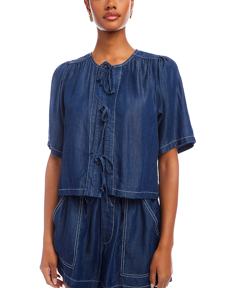 Fifteen Twenty Nadine Tie Front Cropped Top In Indigo Lightweight Denim