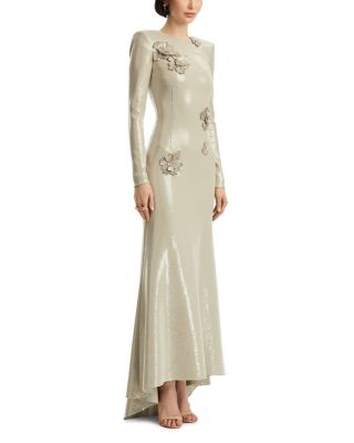 Long Sleeve Embroidered Cherry Blossom Sequin Jersey Gown