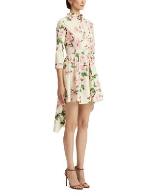 Long Sleeve Asymmetrical Hem Cherry Blossom Poplin Dress
